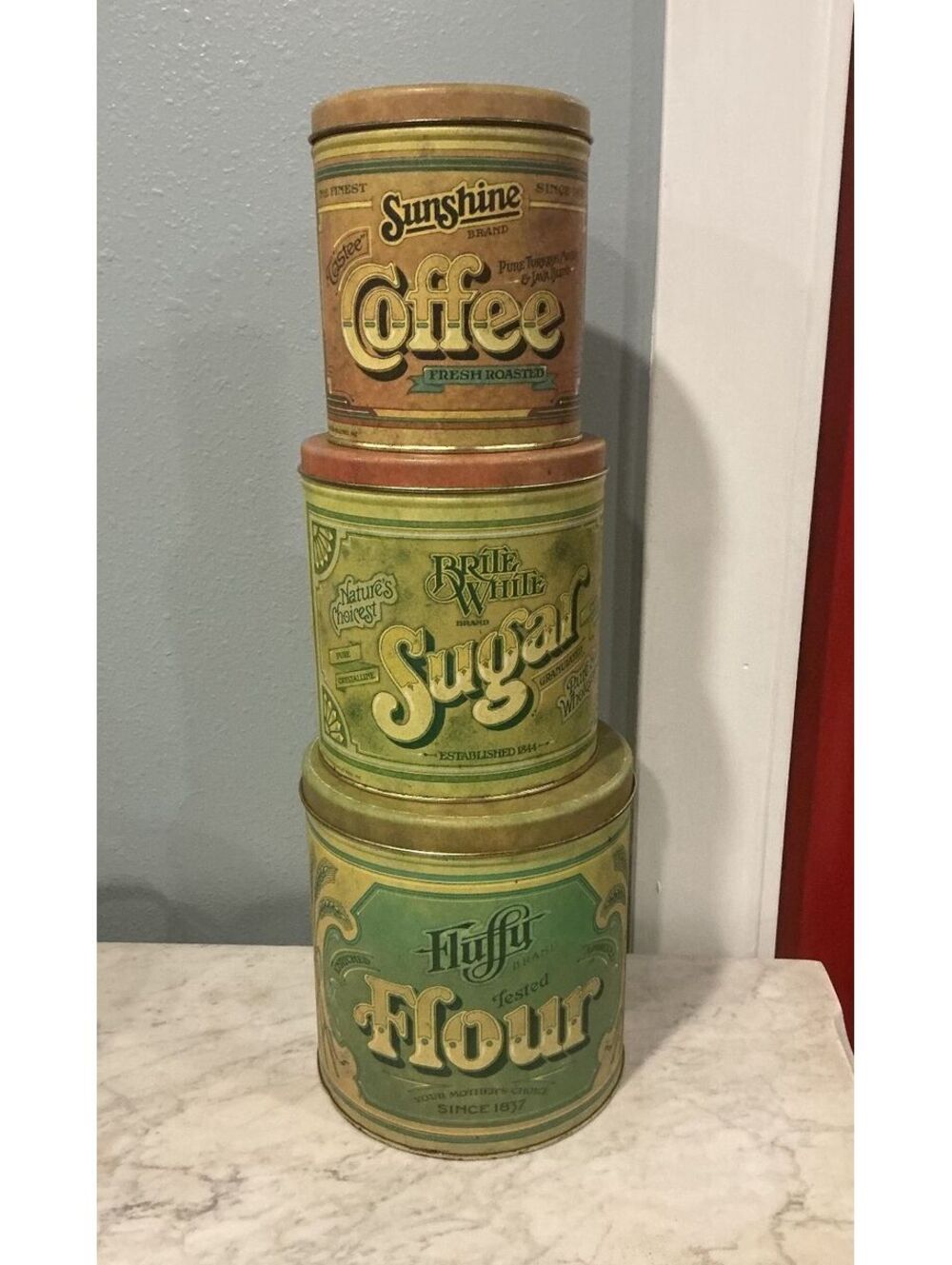 Vintage Set of 3 Metal Kitchen Canisters Coffee Sugar Flour